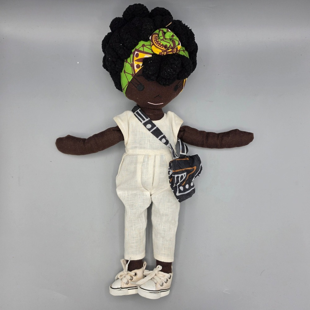 HarperIman Rag Doll Small Brown Linen Jumpsuit Headwrap Plush Toy Decor